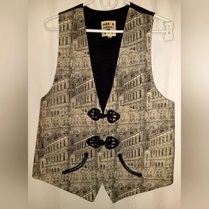 Vintage Max & Mabel Historical Building Print Tan & Black Vest Size S